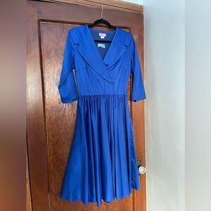 1950’s style blue satin swing dress by Pinup Couture